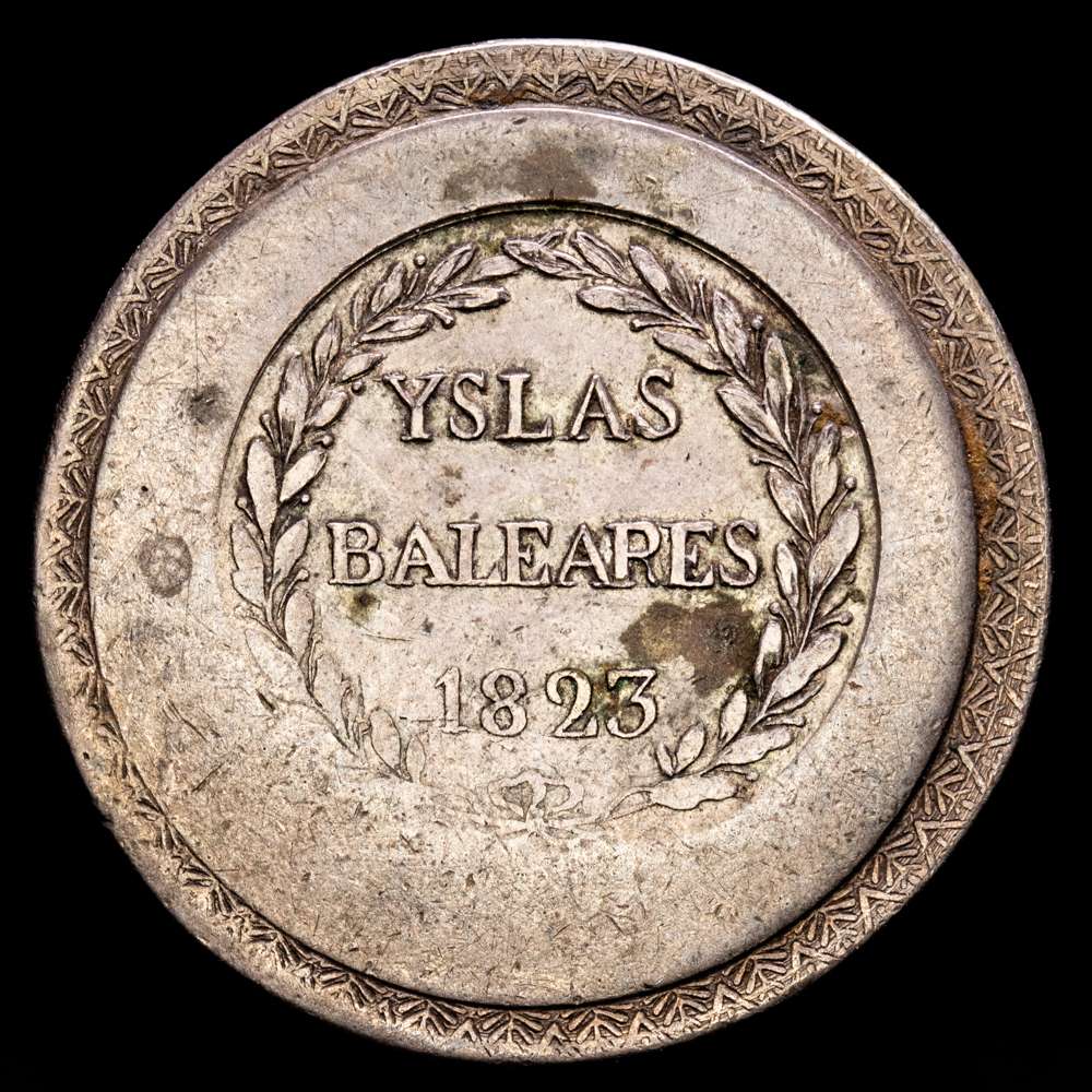 Fernando VII (1808-1833). 5 pesetas. 1823. Mallorca. (Cal-1302). Ag. 27,01 gramos. Leyenda REY D ESPANO E YND. Pequeñas marcas. Buen ejemplar para esta emisión. MBC+.