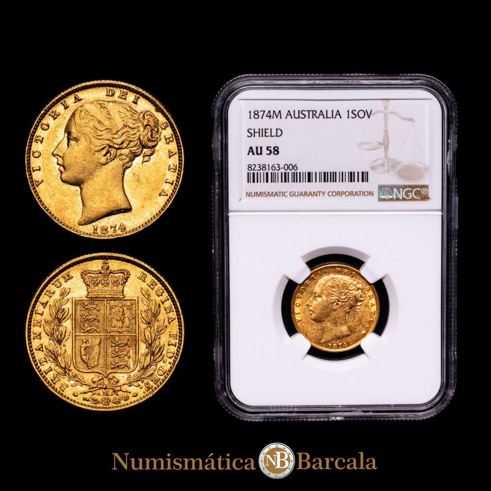 Soverano. Victoria “Shield”. AUSTRALIA. 1874-M AU58 NGC, Casa de la Moneda de Melbourne, KM6, S-3854.