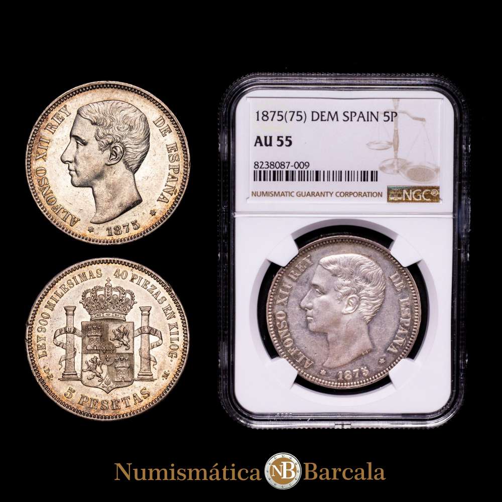 Alfonso XII. 5 Pesetas. Madrid. 1875 *(-)8-75). DE-M. (AC. 35). Ligera pátina. Escasa así. Encapsulada por NGC como AU55.