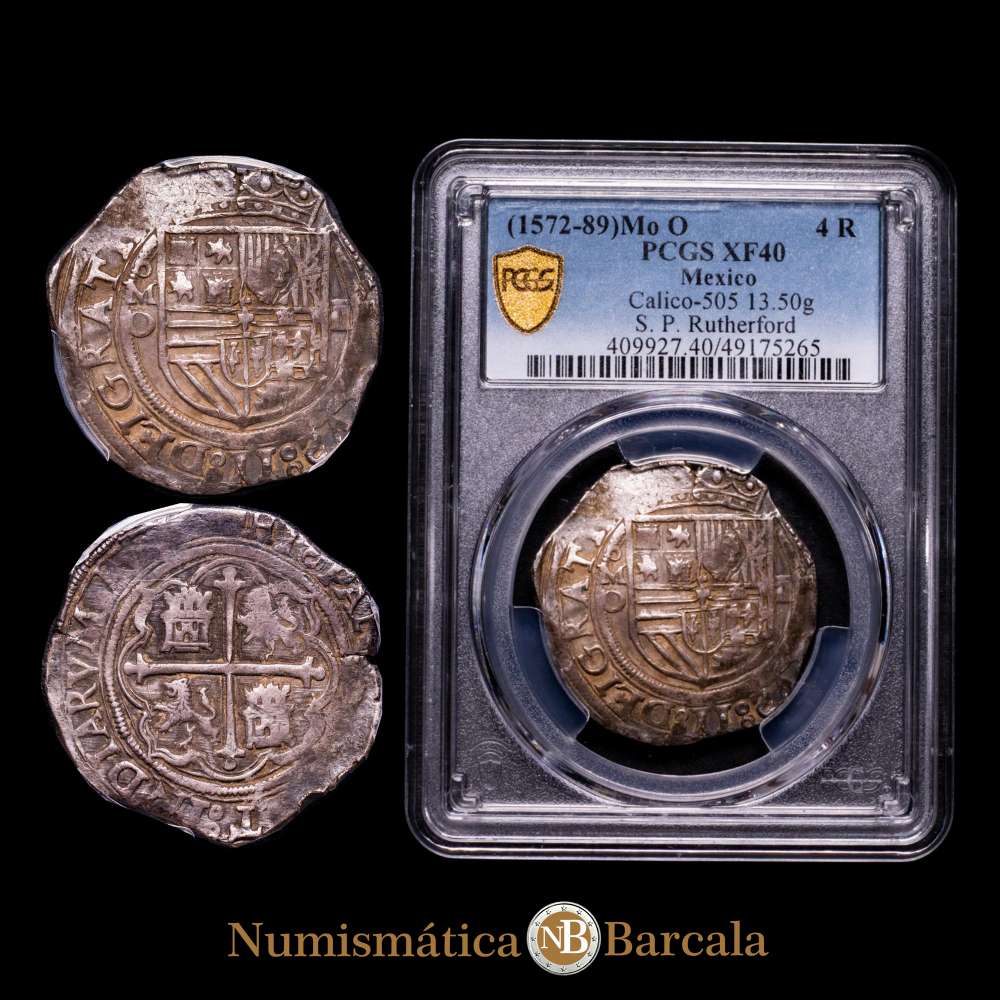 MÉXICO. Cob 4 Reales, ND (1572-89)-Mo O. Casa de Moneda de la Ciudad de México. Felipe II. KM-36; Cal-505. Peso: 13,50 gms. PCGS EF-40. S invertida en el nombre “PHILIPPVS”, variante rara.