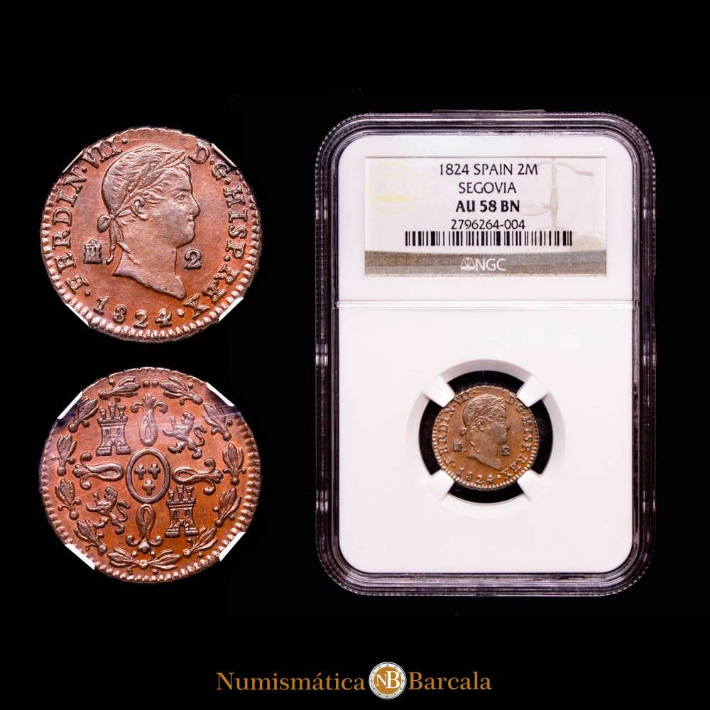 Fernando VII. 2 Maravedís. Segovia. 1824. Encapsulado por NGC AU 58 BN.