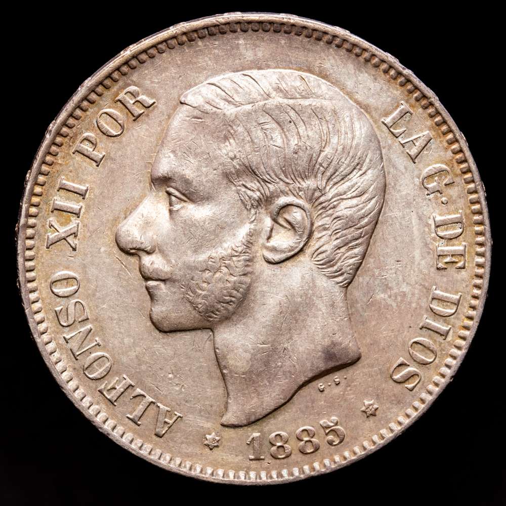 Alfonso XII. 5 Pesetas. (25,21 g.). Madrid. 1885 *18-87*. MS·M. CAL-62. EBC.