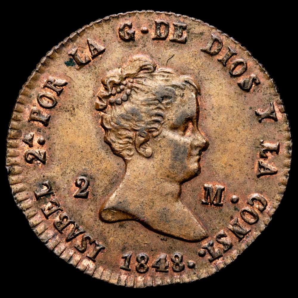 Isabel II. 2 Maravedís. (2,01 g.). Segovia. 1848. AC-60. EBC.