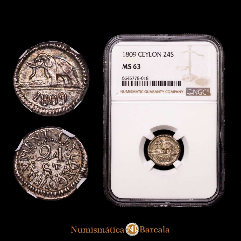 CEILÁN (SRI LANKA), Colonial. Británico. Jorge III. AR 24 Stivers. Fechada en 1809. KM 76; Cr 31. Encapsulada por NGC como MS 63. Magnífica moneda sin circular con bellos tonos irisados.