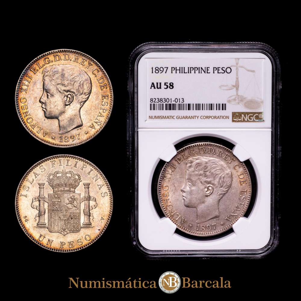 FILIPINAS. Peso, 1897-SG V. Casa de la Moneda de Manila. Alfonso XIII. NGC AU-58. KM-154; Cal-122. Color precioso. Rara así.