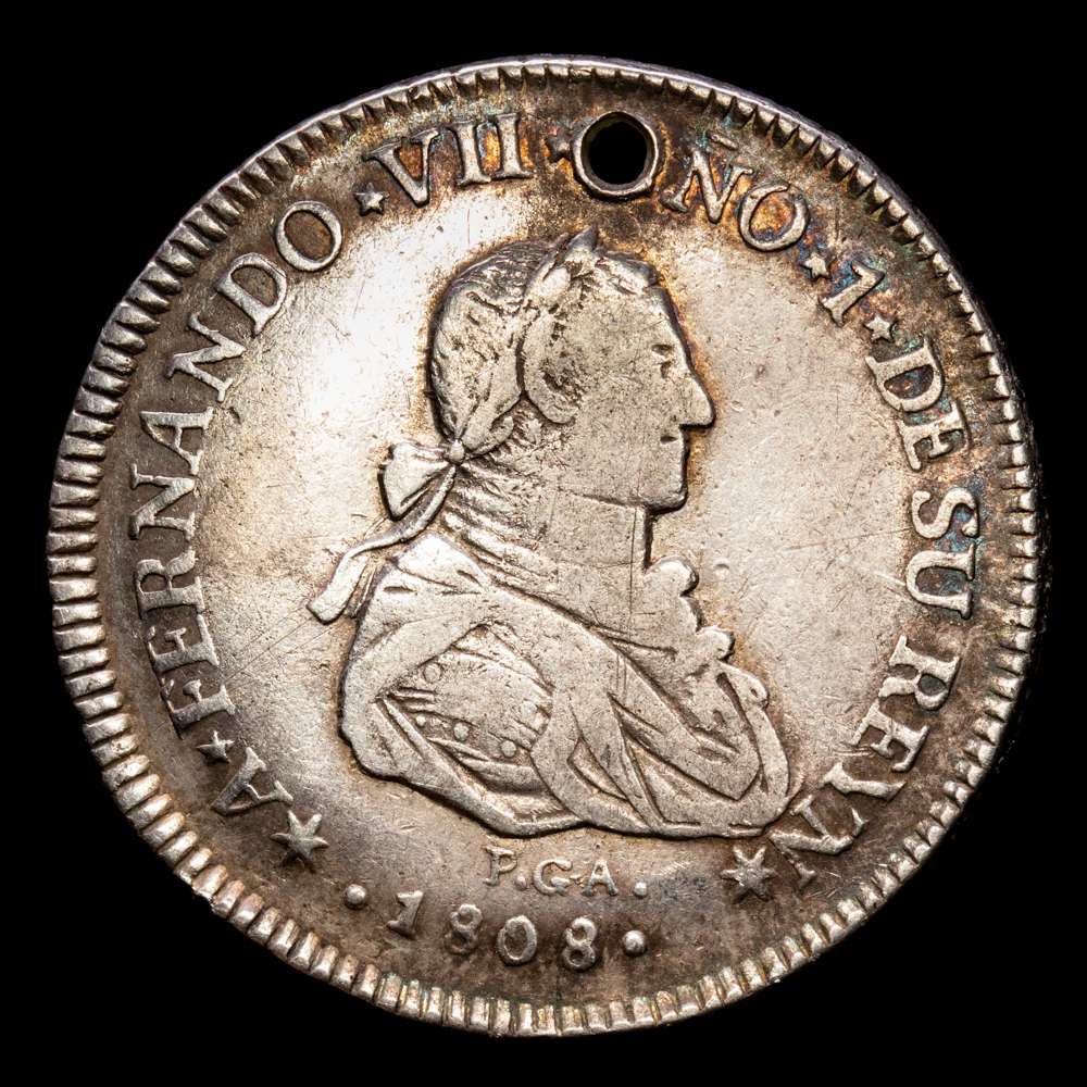 Fernando VII. 2 Reales. (6,67 g.). Guatemala. 1808. CAL-879. (MBC). (Agujero a las 12). Rara.