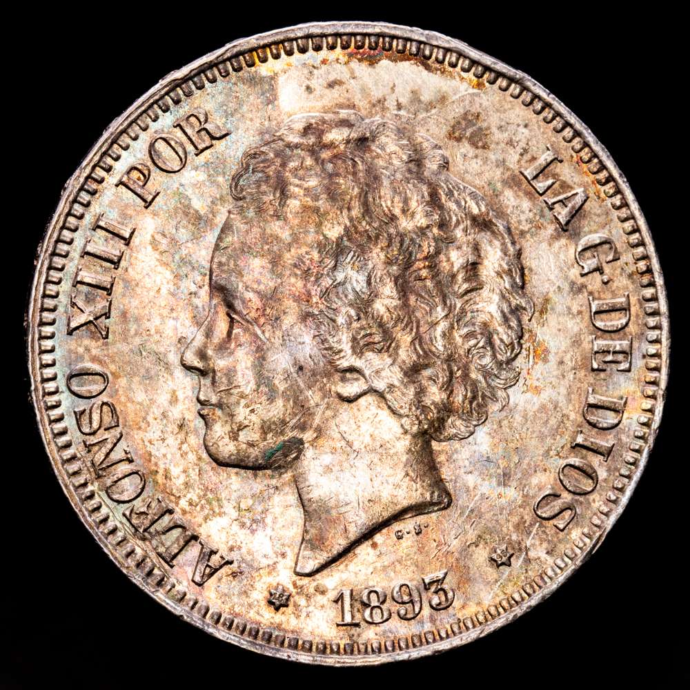 Alfonso XIII. 5 Pesetas. (24,88 g.). Madrid. 1893 *18-93*. PG·L. CAL-102. Leves marquitas. Pátina. bella. Escasa así. EBC+.