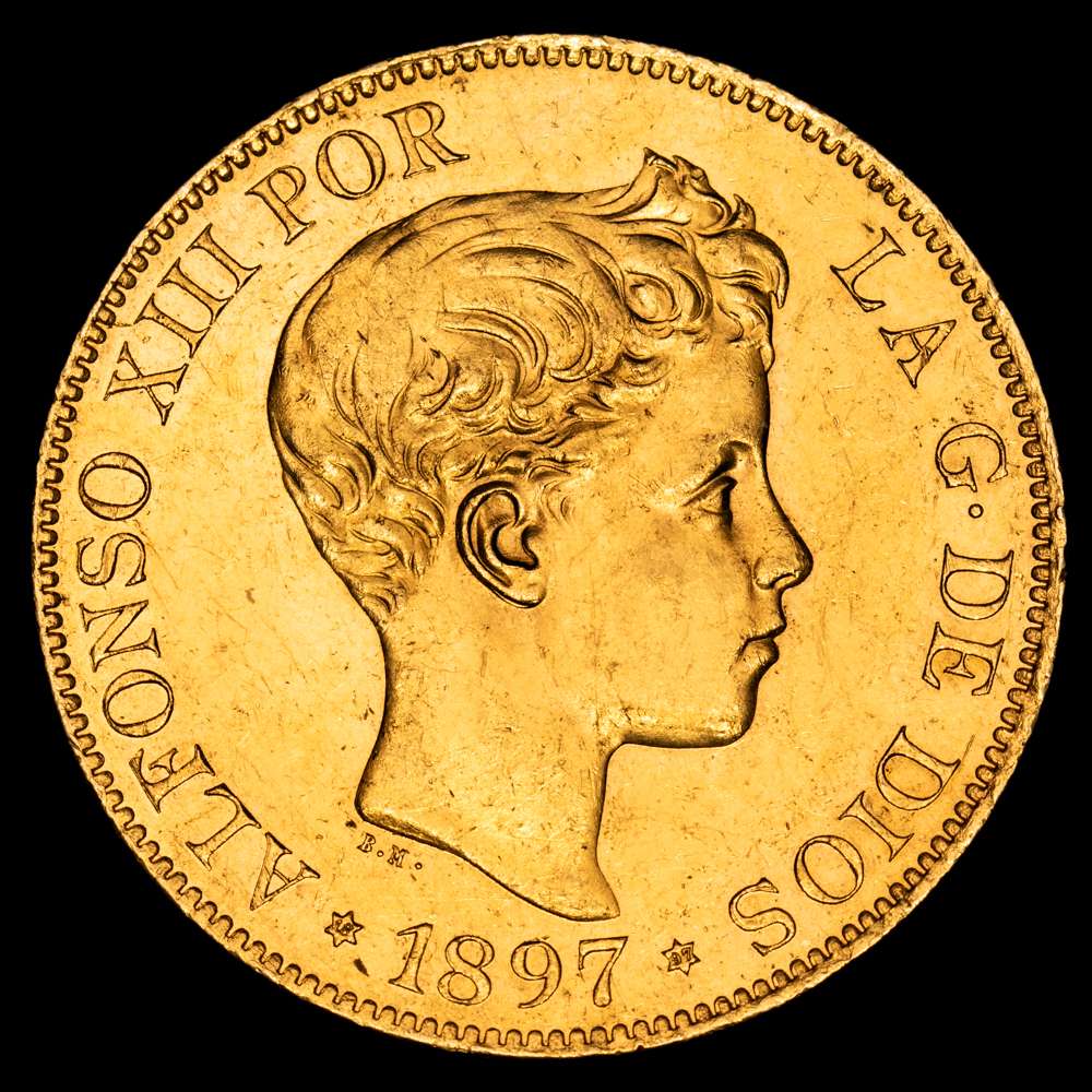 Centenario de la Peseta (1868-1931). Alfonso XIII (1886-1931). 100 pesetas. 1897*18-97. Madrid. SGV. (Cal-119). Au. 32,27 gramos. Mínimos golpecitos en el canto. Brillo original. EBC+.