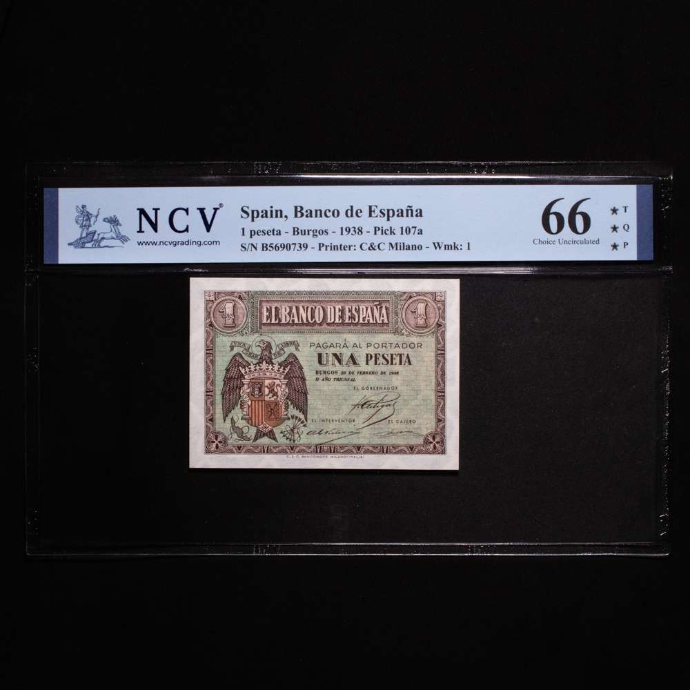 España – Banco de España. 1 Peseta. Milan. 1938. C&C Milano. Pick 107a. Encapsulado por NCV como 66 Choice Uncirculated. T*Q*P*. Top Quality Paper ***