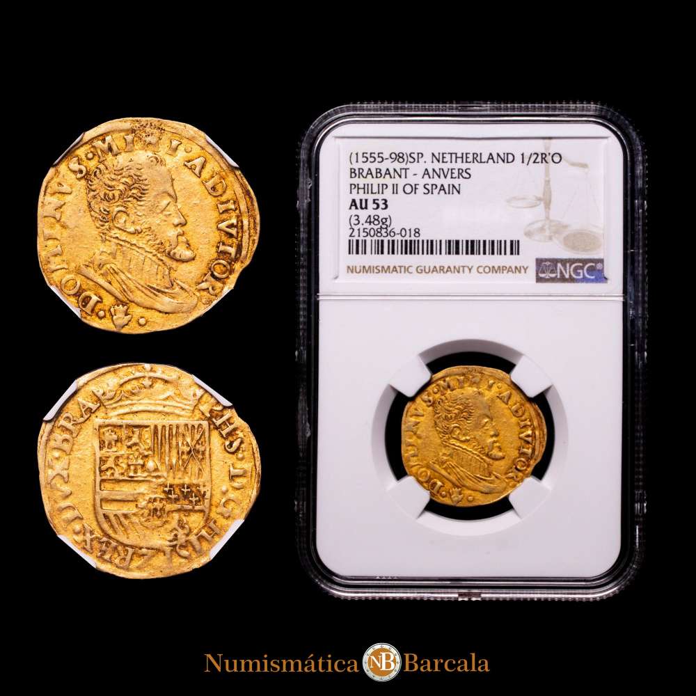 Ducado feudal de Brabante, Países Bajos, posesión española, ND (1560-1573), mano, ½ real de oro, Felipe II,  Casa de la Moneda de Amberes (942790) 3,48 g AU. NGC AU53.