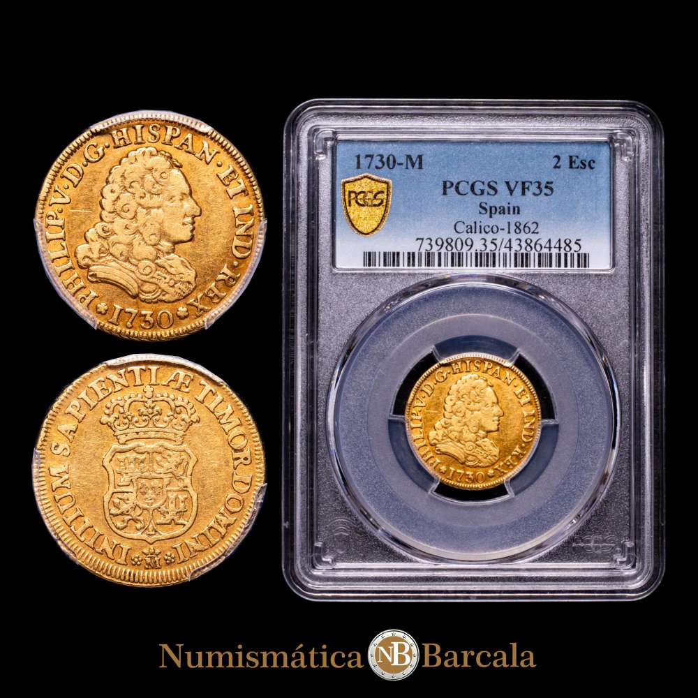 Felipe V. Madrid. 2 escudos.1730. (AC. 1862). Segundo busto. Sin indicación de valor ni ensayador. Color bonito. Rara. Encapsulada por PCGS como VF35.