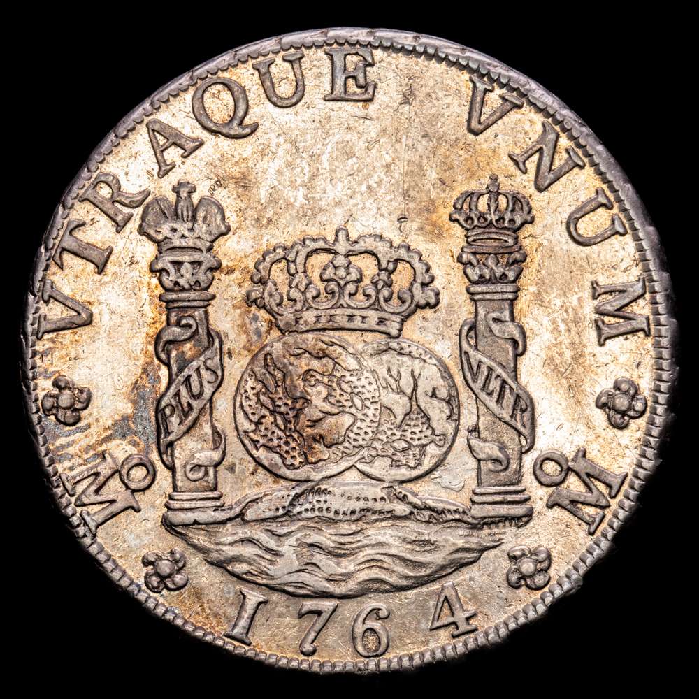 Carlos III. 8 Reales. (26,88 g.). México. 1764. M·F. AC-1087. EBC. Restos de brillo original. Muy bella. Pátina