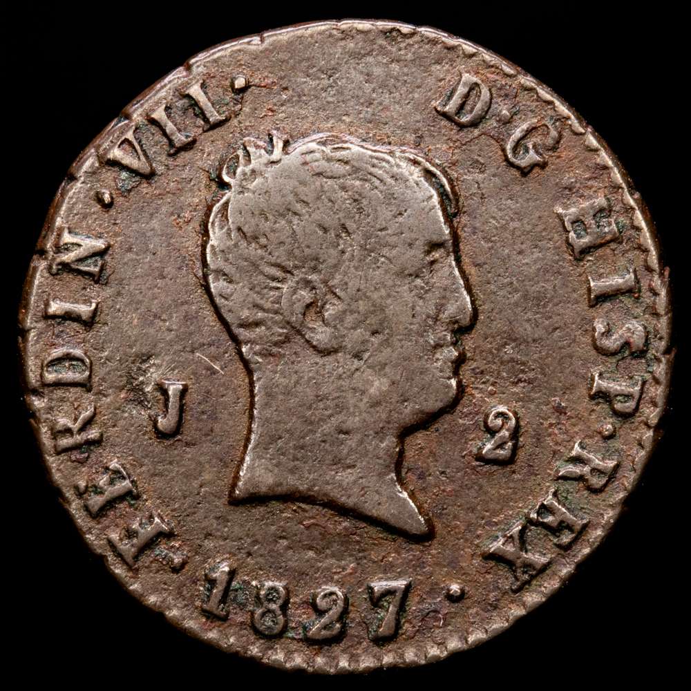 Fernando VII. 2 Maravedís. (2,37 g.). Jubia. 1827. AC-138. MBC. Tipo cabezón