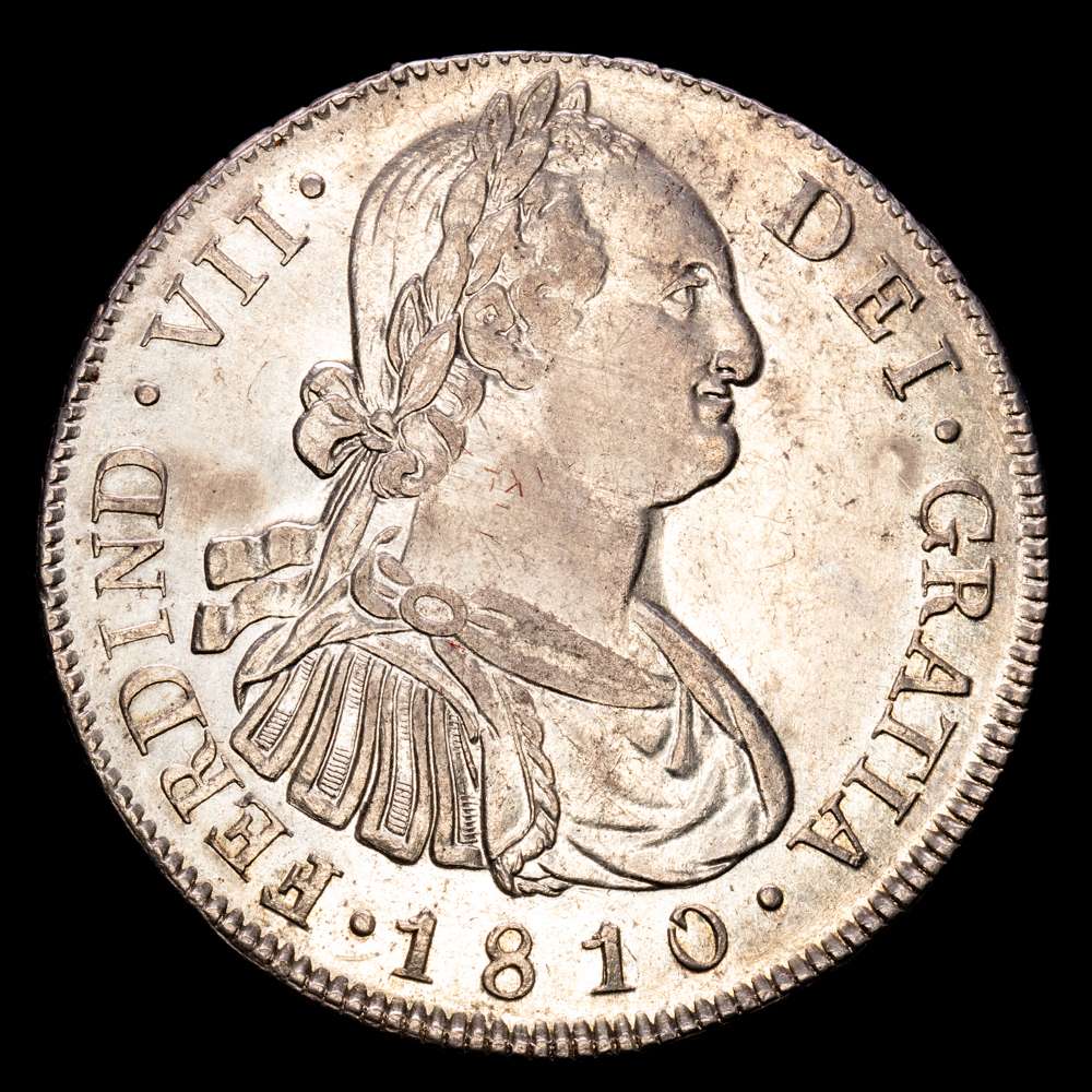 Fernando VII (1808-1833). 8 reales. 1810. Guatemala. M. (Cal-1222). Ag. 26,95 g. Busto de Carlos IV. Brillo original. Muy atractiva. Rara en esta conservación. EBC+/SC-.