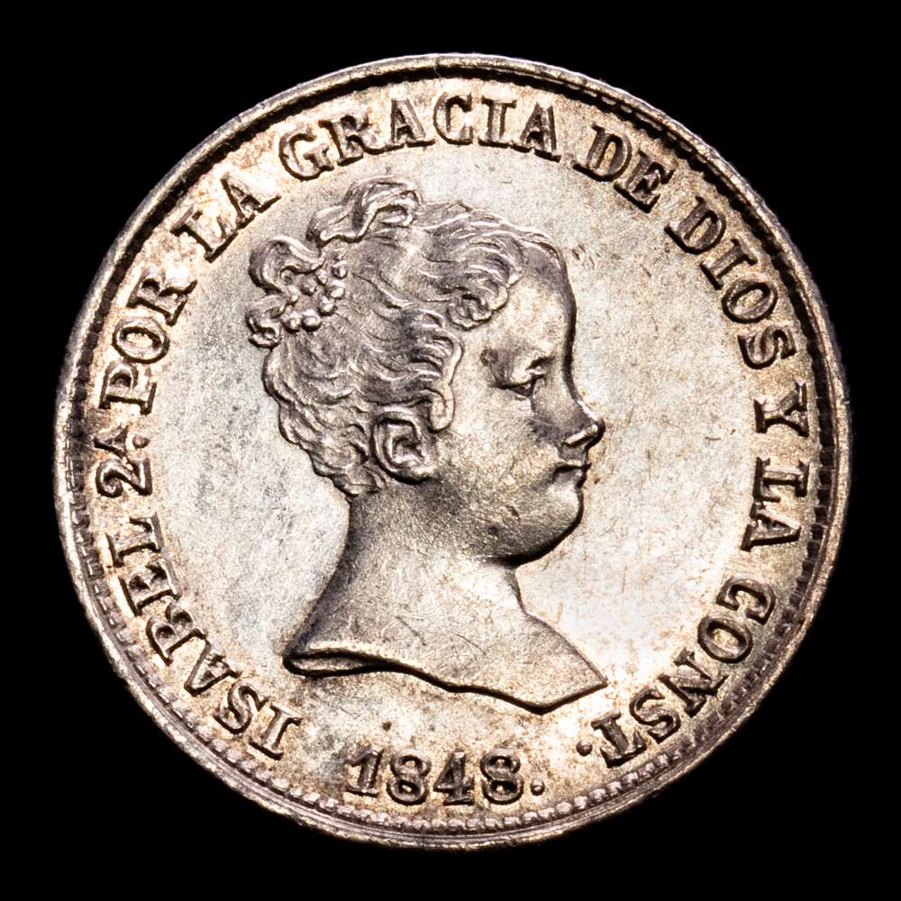 Isabel II (1833-1868). 1 real. 1848. Madrid. CL. (Cal 2019-300). Ag. 1,45 gramos. Bonito ejemplar.  Bella. Escasa así. EBC/EBC+.