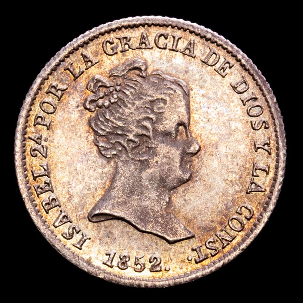 Isabel II (1833-1868). 1 real. 1852. Sevilla. RD. (Cal-320). Ag. 1,30 gramos. Rebaba en el canto. Toño. EBC-/EBC+.