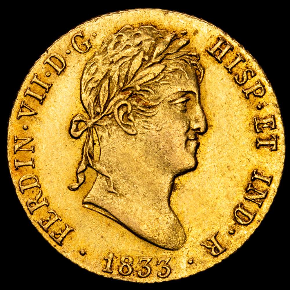 Fernando VII (1808-1833). 2 escudos. 1833. Madrid. AJ. (Cal-1640). Au. 6,75 gramos. Bello ejemplar. EBC.