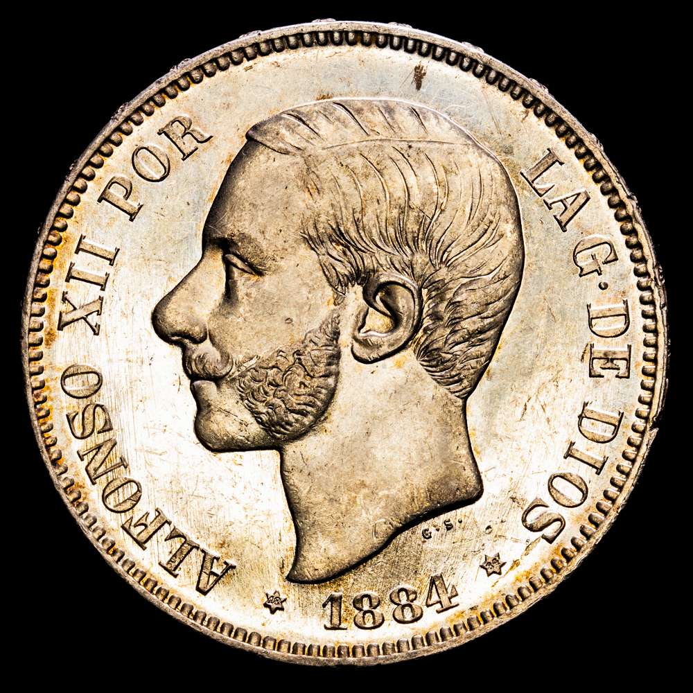 Centenario de la Peseta (1868-1931). Alfonso XII (1874-1885). 5 pesetas. 1884 *18-84. Madrid. MSM. (Cal-57). Ag. 24,91 g. Pleno brillo original. Magnífico ejemplar. EBC+/SC-.