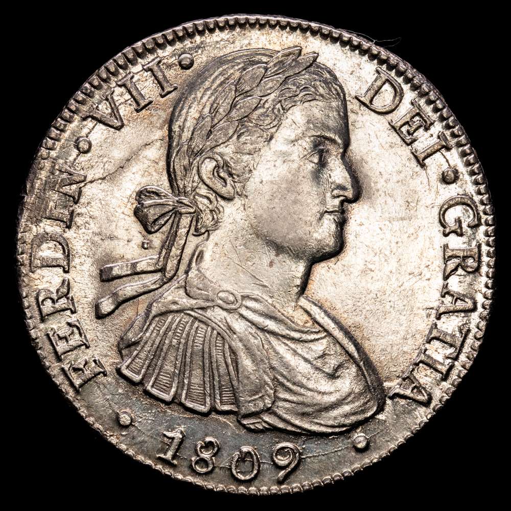 Fernando VII (1808-1833). 8 reales. 1809. México. HJ. (Cal-1310). Ag. 27,01 gramos. Busto imaginario.  Restos de brillo originales. EBC.