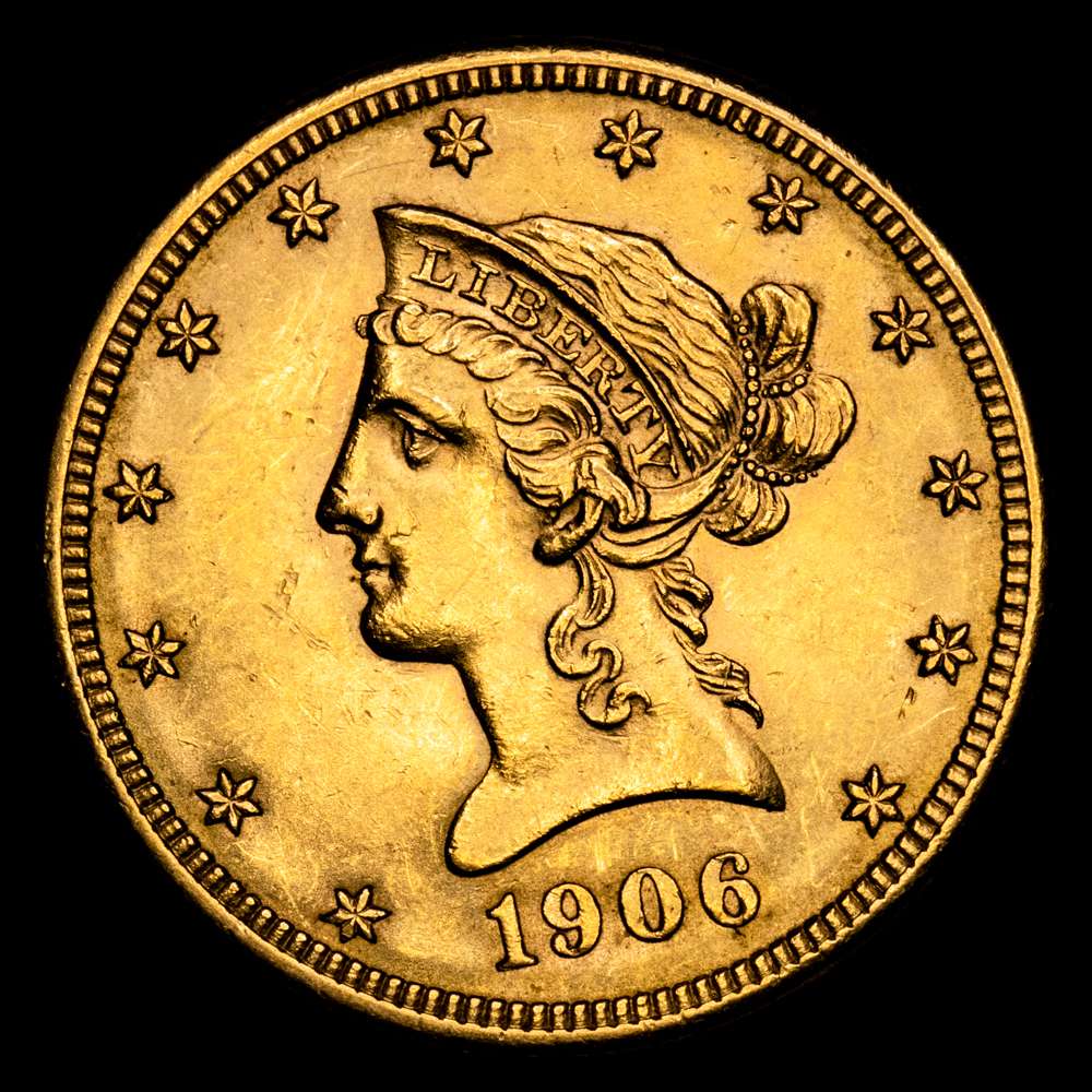 Estados Unidos 10 Dólares 1906 D KM# 102, N# 16134; Oro (.900) 16,72 g; “Coronet Head”; Con lema;  Casa de la Moneda de Denver; UNC-.