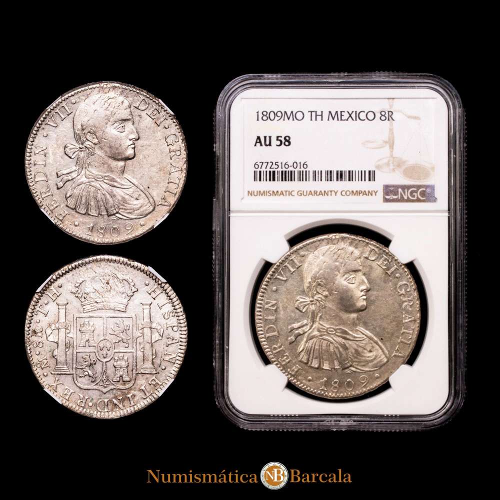 Fernando VII (1808-1833). 8 reales. 1809. México. TH. (Cal-1308). Ag. Brillo original. Encapsulada por NGC como AU 58.