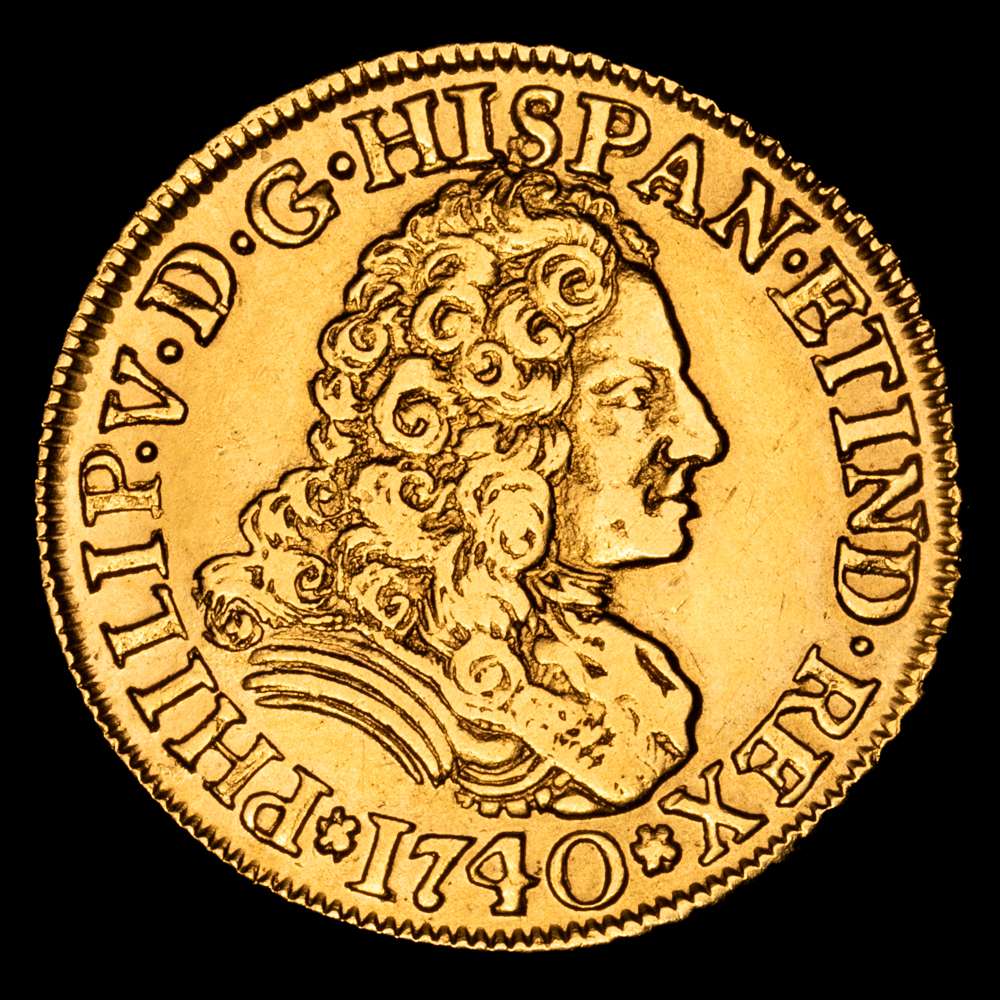 Felipe V (1700-1746). 2 escudos. 1740. Sevilla. PJ. (Cal-1993). Au. 6,65 gramos. Sin indicador de valor. Rara. MBC+.