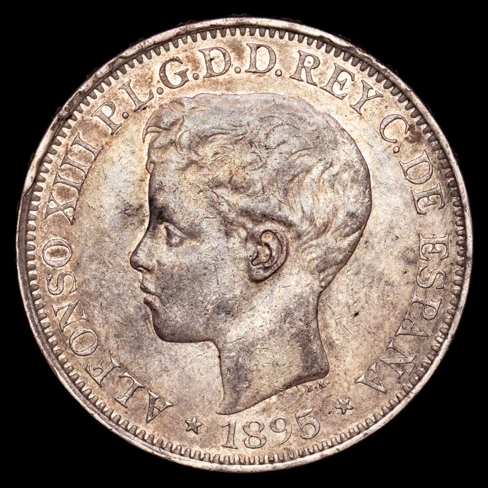 Alfonso XIII. 1 Peso=5 Pestas. (25,01 g.). Puerto Rico. 1895. PG·V. CAL-128. EBC . Pátina