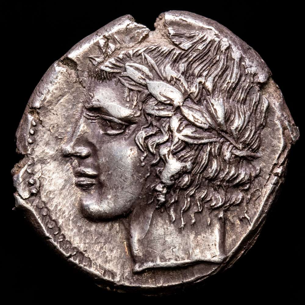 Sicilia. Leontinoi. Tedtradracma. 430-420 a.C. Cabeza laureada de Apolo a la izquierda. Rizzo pl. XXIIII, 4; SNG ANS 257; SNG München 559. 17,41grs. Bella pátina. EBC.