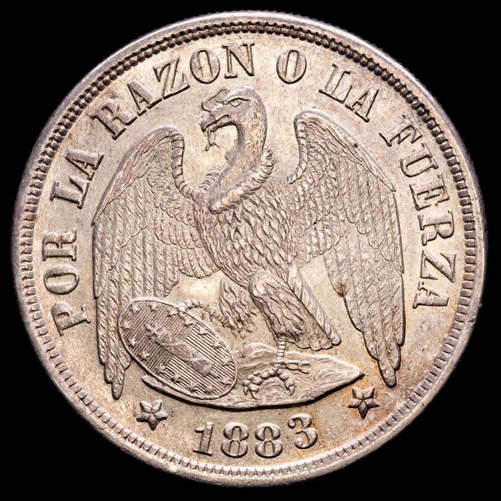 Chile. 1 peso. 1883. Santiago. (Km-142.1). Ag. 25,35 g. Bella. Escasa así. UNC-.