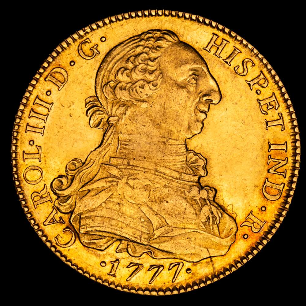 Carlos III. México. FM. 8 escudos. 1777. (AC. 2006) (Cal.Onza 768). Ceca y ensayadores invertidos. Color precioso. Gran parte de brillo original. 27,06 gramos. EBC-/EBC.