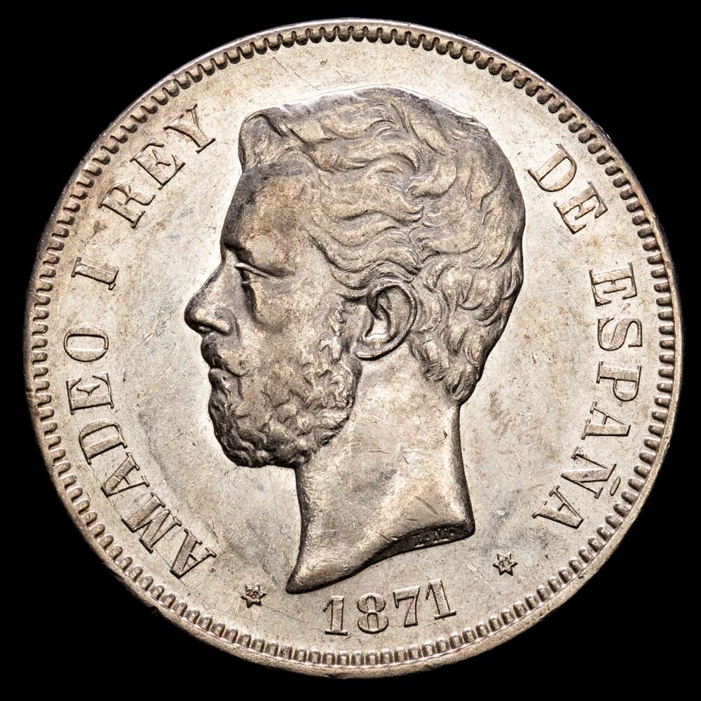 Amadeo I. 5 Pesetas. (24,86g.). Madrid. 1871. Ensayador SD-M. AC-1. Restos de brillo original. EBC-.