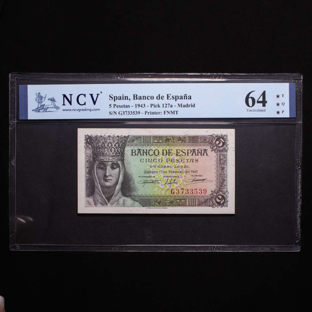 España – Banco de España. 5 Pesetas.  Madrid. 1943. FNMT. Pick 127a. Encapsulado por NCV como 64 Uncirculated. T*Q*P*. Top Quality Paper ***