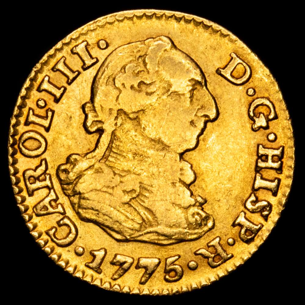 Carlos III (1759-1788). 1/2 escudo. 1775. Sevilla. CF. (Cal-1305). Au. 1,75 gramos. Restos de brillo originales. MBC+.