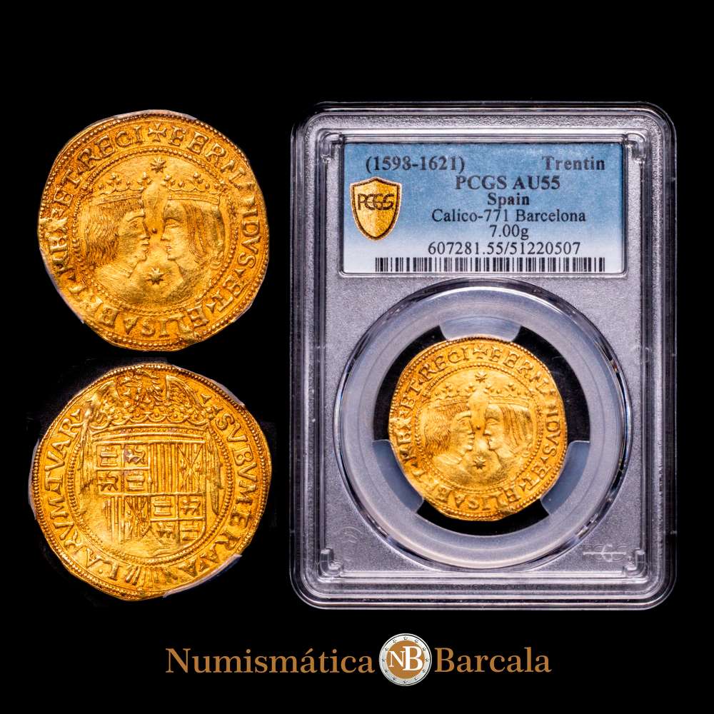 Felipe II, Barcelona. Doble Principat. (Cal. falta) (Cru.CG 4245b). Encapsulada por PCGS como AU55. Bellísima. Muy rara y más así.