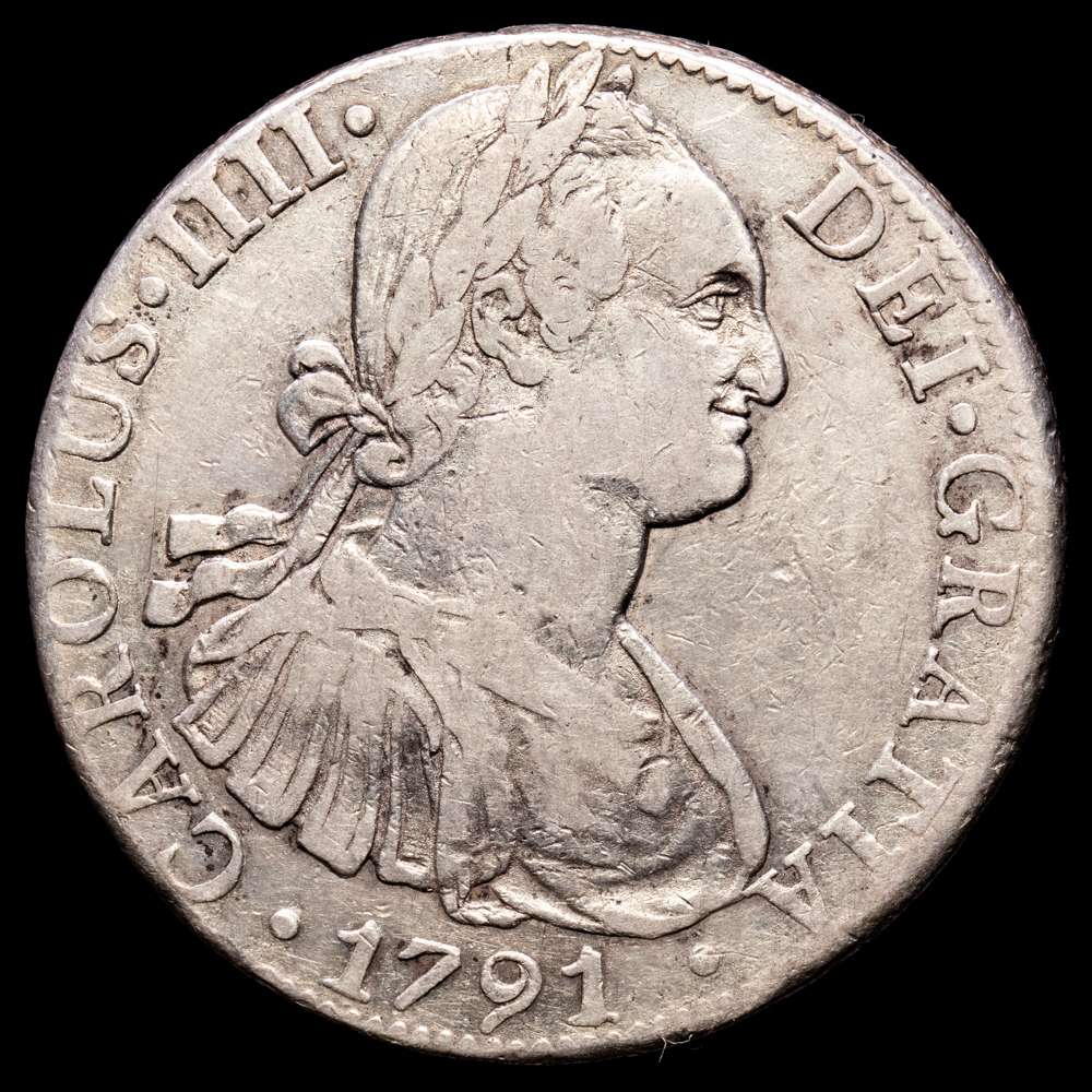 Carlos IV. 8 Reales. (26,85 g.). México. 1791. Ensayador F·M. Aureo y Calicó 953. MBC.