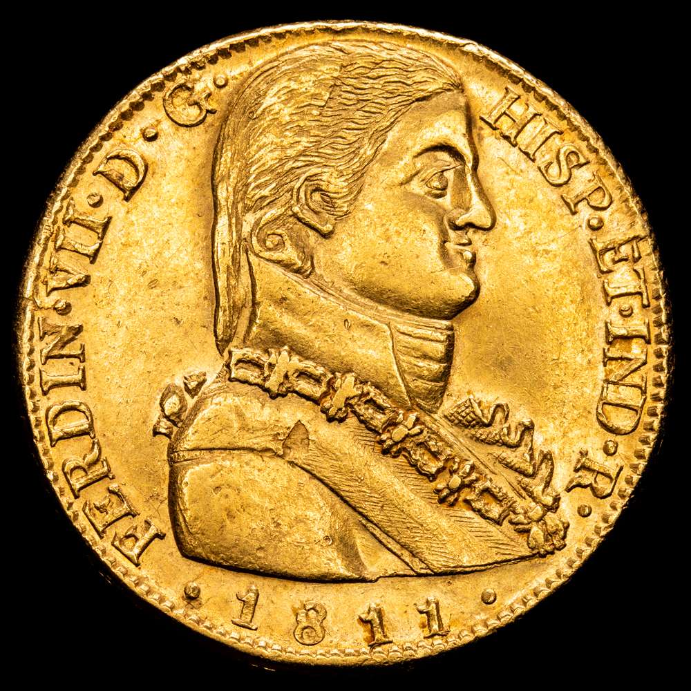 Fernando VII. 8 Escudos. (27,01 g.). Santiago de Chile. 1811. F·J. AC-1865. EBC. Escasa. Brillo original