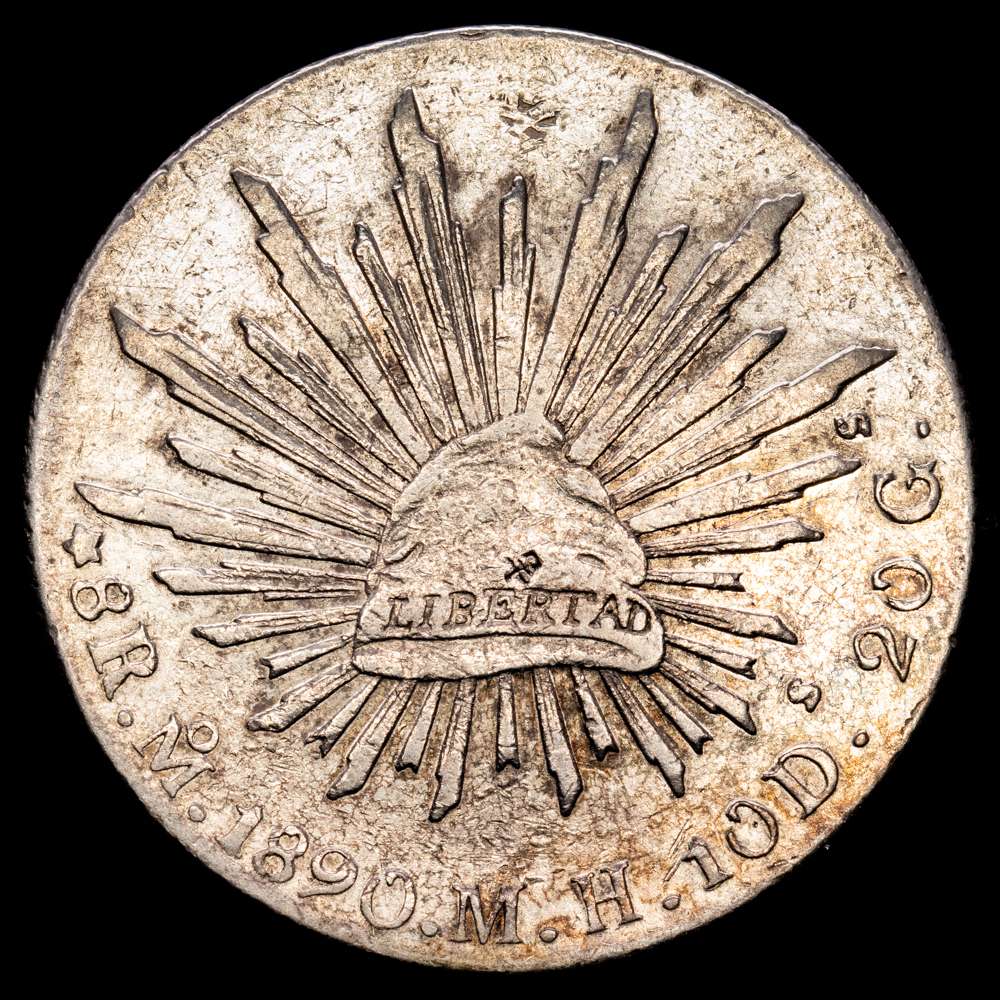República de México. 8 Reales. (26,92 g.). México. 1890. M·H. KM-377.5. Resellos orientales. VF+.