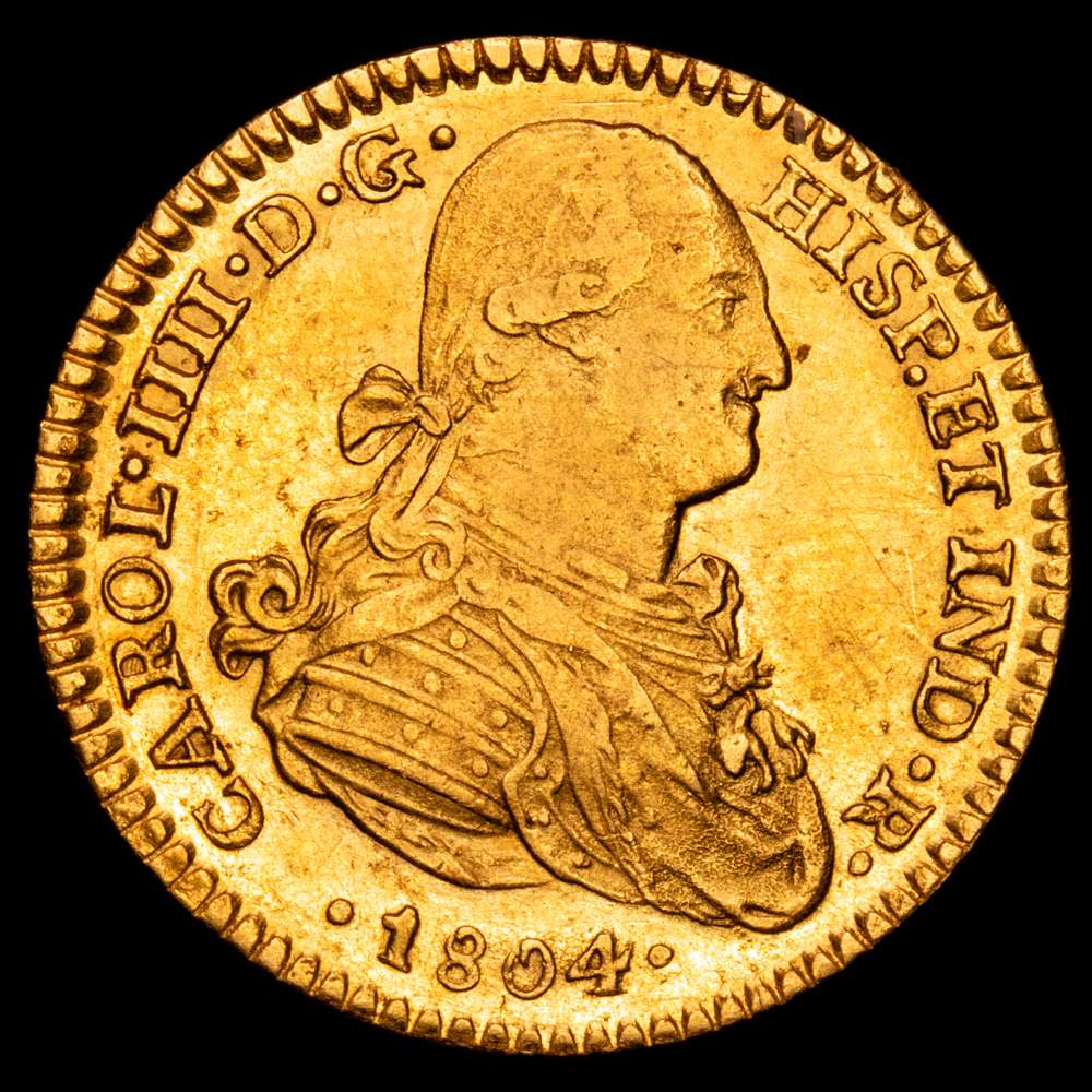 Carlos IV. México. TH. 1804. 2 escudos. (AC. 1338). 6,77 gramos. Bella. brillo original.  Atractivo ejemplar, con un muy buen reverso. Rara, más en esta notable presentación. EBC+.