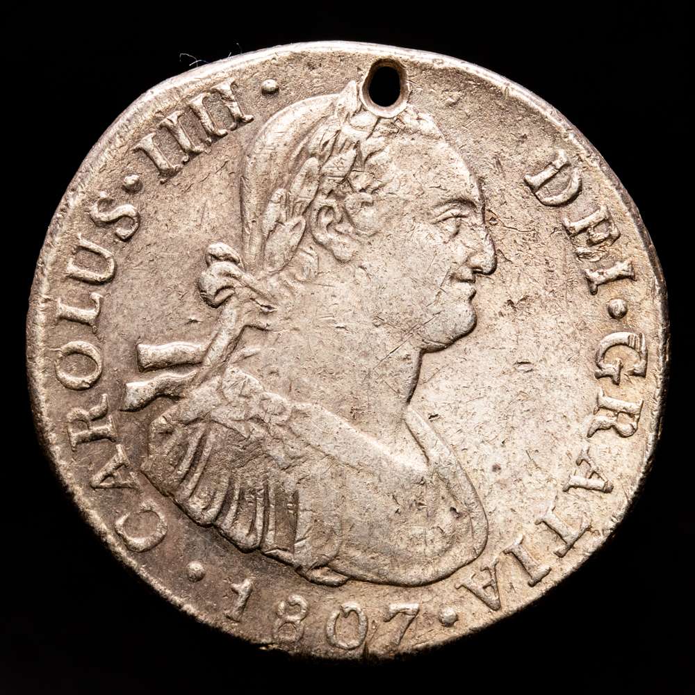 Carlos IV. 4 Reales. (13,44 g.). Lima. 1807. J·P. AC-771. (MBC). Escasa. Agujero a las 12H