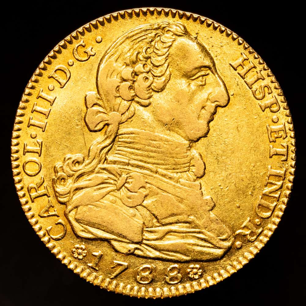 CARLOS III. Madrid. 4 escudos. 1788. El ocho de la década rectificado sobre un 8 o 9?. M. (C y A.C) no cita sobrefecha.  13´36 g. EBC-, restos de brillo original. Cierto atractivo.