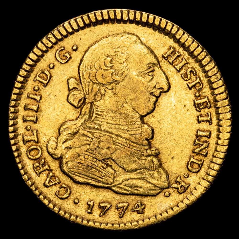 Carlos III. 2 Escudos. (6,71 g.). Popayán. 1774. J·S. AC-1631. MBC+. Escasa