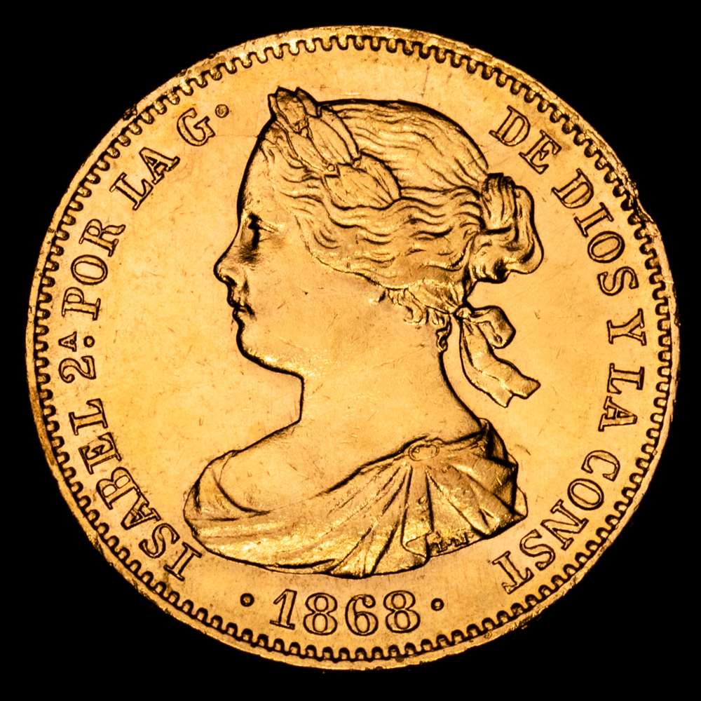 Isabel II. 10 Escudos. (8,29 g.). Madrid. 1868*18-68. (Cal-815). Bonito color. Gran parte de brillo original. EBC+/SC-.