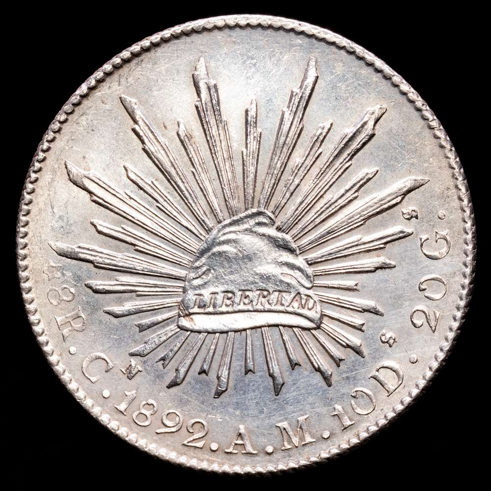 República de México. 8 Reales. (26,73 g.). Cualiacan. 1892. A·M. KM-377.3. (Algo limpiado). EBC.