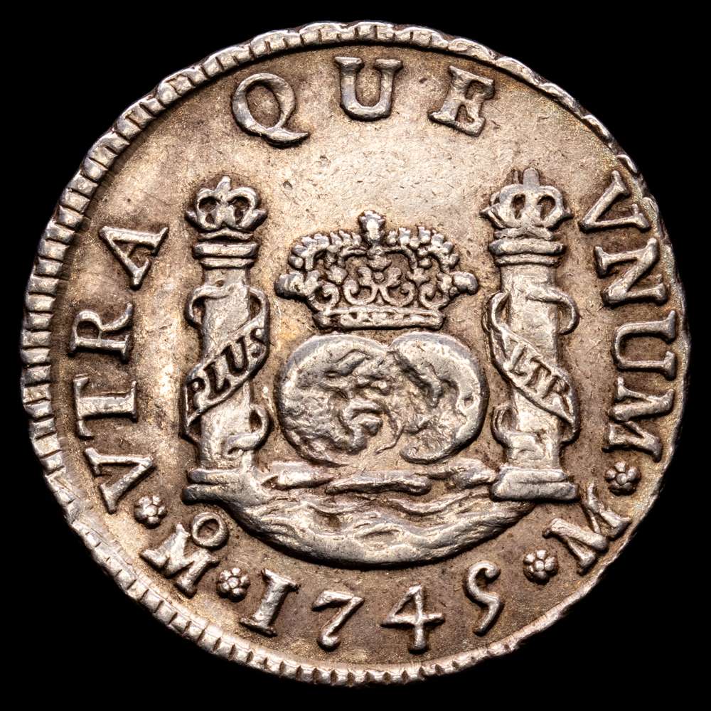 Felipe V. 1745 México. M. 2 reales. (AC.833). Columnario. Bella pátina. Escasa así. 6,78 gramos. Tono . EBC. Escasa así.