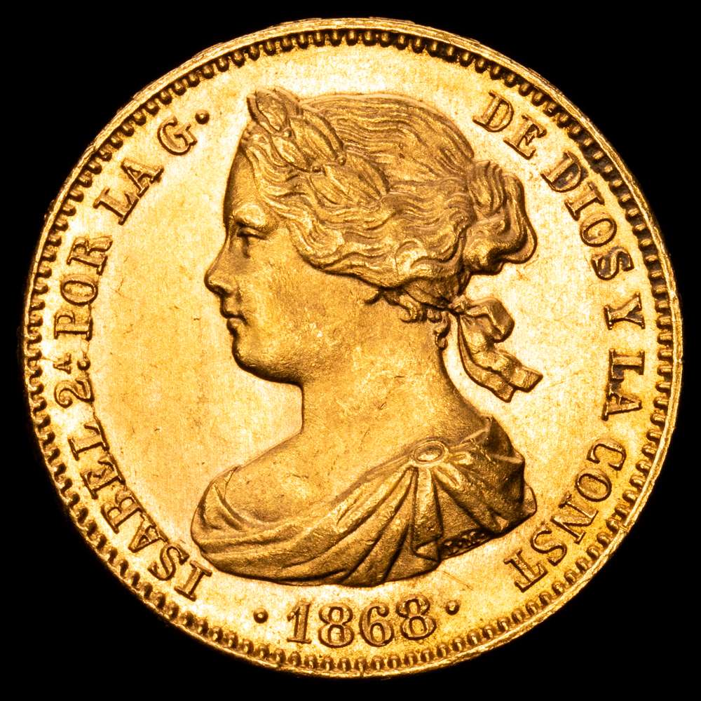 Isabel II (1833-1868). 10 escudos. 1868*18-68. Madrid. (Cal-815). Au. 8,35 g. Bonito color. Brillo original. UNC.