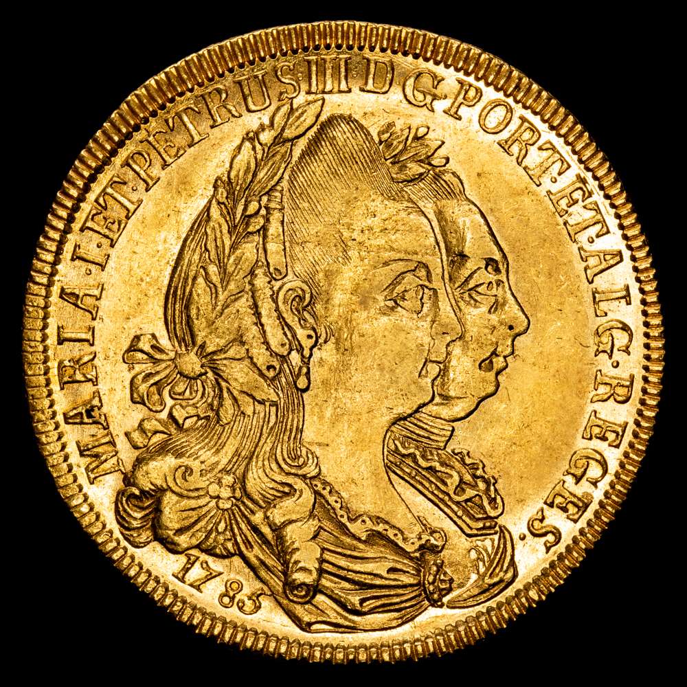 Portugal D. Maria I y D. Pedro III (1777-1786) 4 Escudos (Peça). (6400 Réis) Ceca de Lisboa 1785. 14,24g. Gomes 27,13, KM 281. Extremadamente fina.