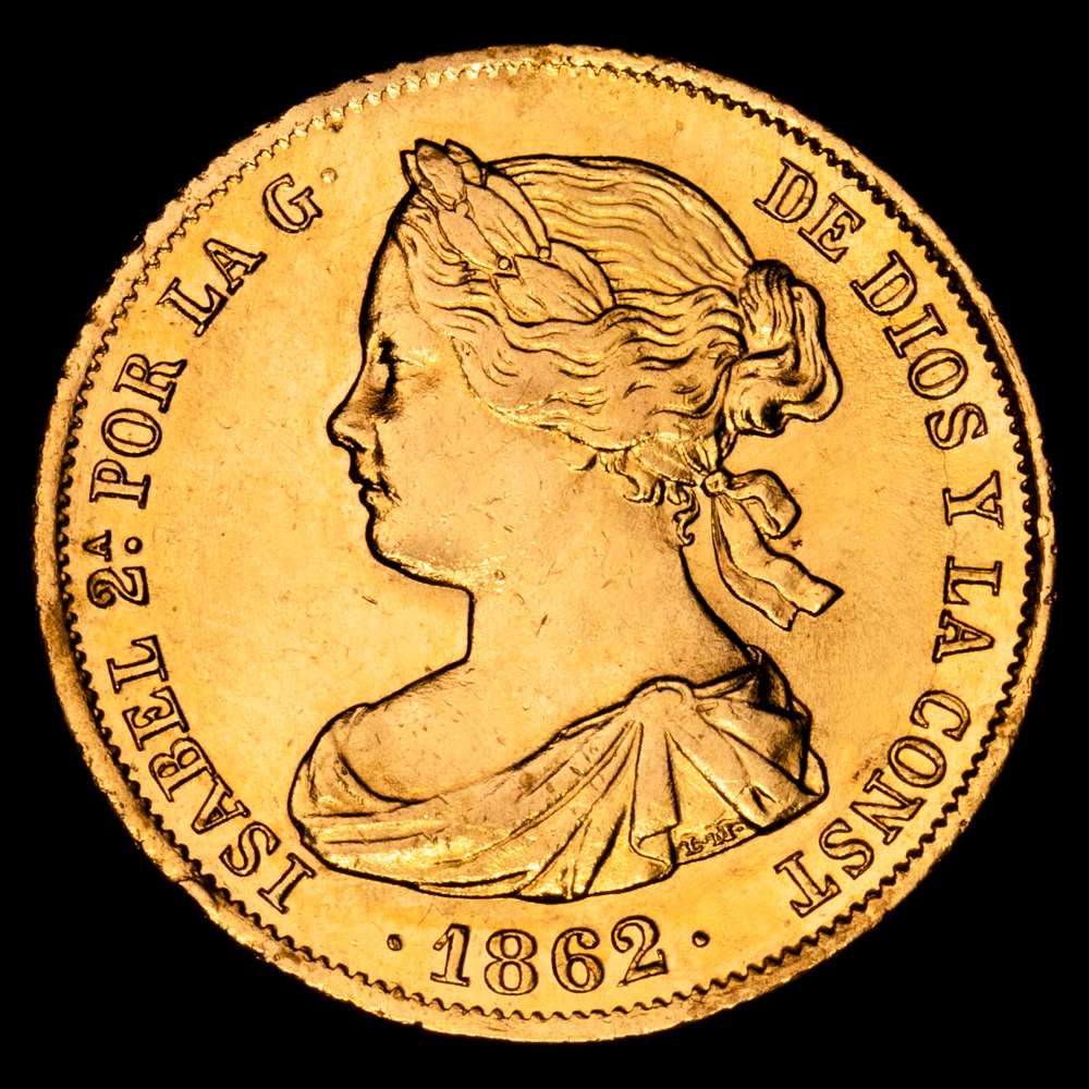 Isabel II (1833-1868). 100 reales. 1862. Madrid. (Cal-789). Au. 8,34 gramos. Brillo original. Color bonito. EBC/EBC+.
