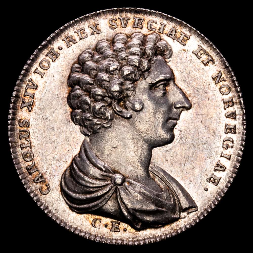 Suecia, Carl XIV. Juan, 1818-1844 Medalla de plata de 1818, otorgada por C. Enhörning, 32 mm, 12,49 g. extremadamente fino/casi sin circular, raro. Hildebrando pág. 336, 23.