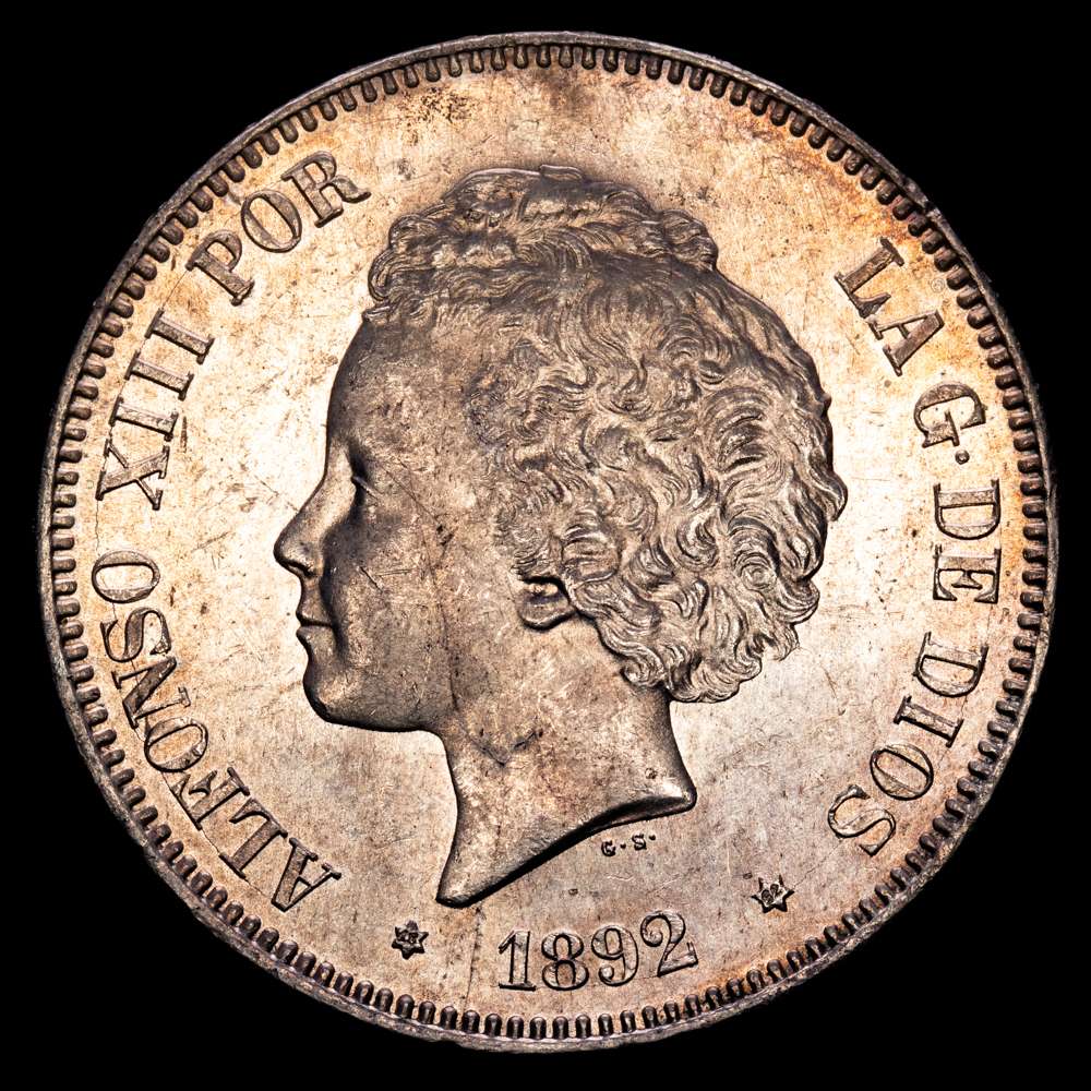 Alfonso XIII. 5 Pesetas. (25,15 g.). Madrid. 1892 *18-92*. PG·M. AC-100. SC-. Brillo original