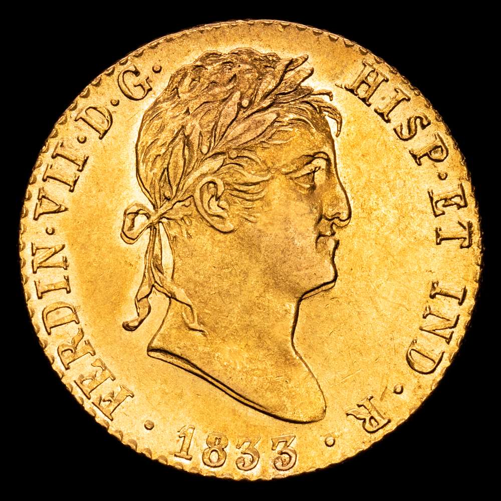 Fernando VII (1808-1833). 2 escudos. 1833. Madrid. AJ. (Cal-1640). Au. 6,73 gramos. Tono suave. Parte del brillo original. Precioso ejemplar. EBC+.